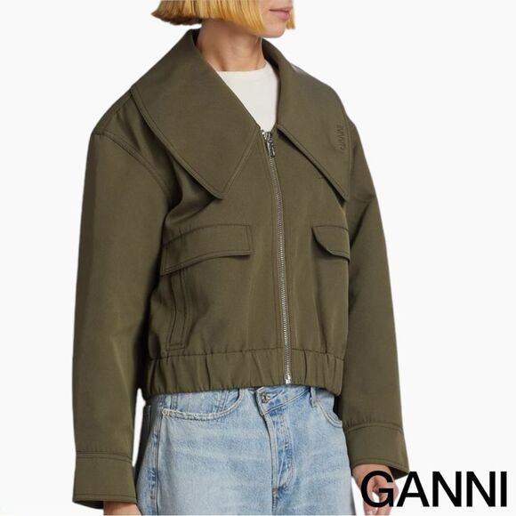 GANNI **NWT** Kalamata Green Heavy Twill Wide Collar Short Jacket - Picture 4 of 15